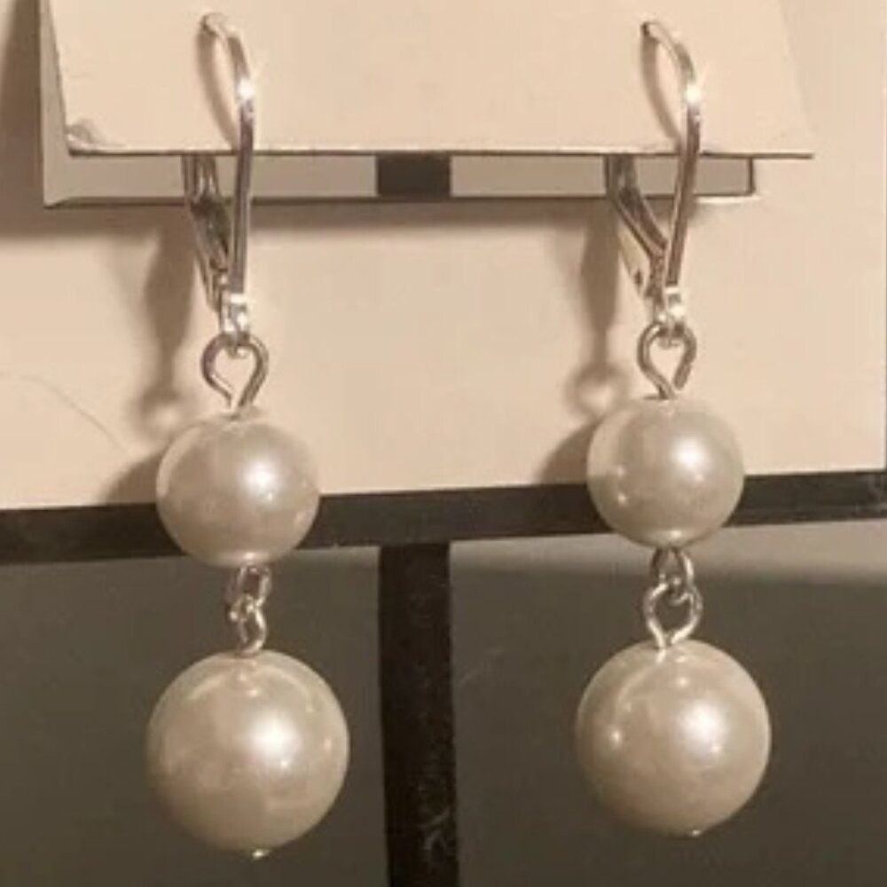 NAPIER Romantic Silver Ivory Pearl Double Drop Lever Back Earrings**NEW!